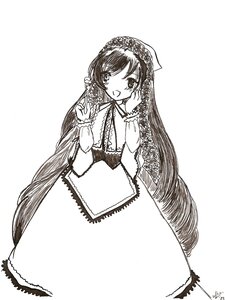 Rating: Safe Score: 0 Tags: 1girl :d blush dated dress eyebrows_visible_through_hair food frills greyscale hairband holding image long_hair long_sleeves looking_at_viewer monochrome open_mouth signature simple_background smile solo suiseiseki very_long_hair white_background User: admin