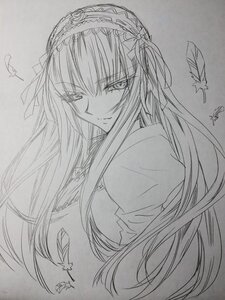 Rating: Safe Score: 0 Tags: 1girl closed_mouth dress eyebrows_visible_through_hair graphite_(medium) greyscale hairband half-closed_eyes image long_hair looking_at_viewer monochrome signature simple_background sketch solo suigintou traditional_media upper_body User: admin