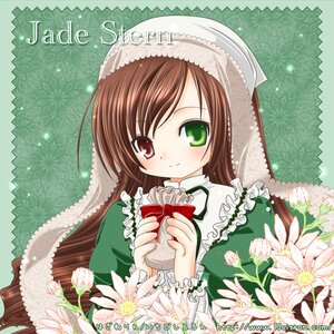 Rating: Safe Score: 0 Tags: 1girl blush brown_hair dress english_text flower frills green_background green_dress green_eyes hat head_scarf holding holding_gift image long_sleeves red_eyes smile solo suiseiseki white_flower User: admin