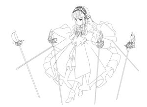 Rating: Safe Score: 0 Tags: 1girl bangs closed_mouth dress eyebrows_visible_through_hair flower full_body hairband holding holding_sword image lineart long_hair long_sleeves monochrome solo standing striped suigintou sword weapon User: admin