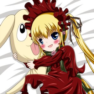 Rating: Safe Score: 0 Tags: 1girl blonde_hair blue_eyes blush bonnet bow dress flower image long_hair long_sleeves open_mouth red_dress rose shinku smile solo striped_background stuffed_animal twintails User: admin