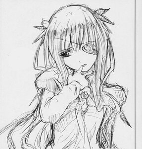 Rating: Safe Score: 0 Tags: 1girl barasuishou greyscale image long_hair long_sleeves looking_at_viewer monochrome simple_background sketch solo traditional_media upper_body User: admin