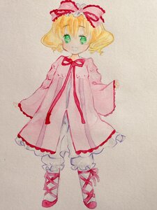 Rating: Safe Score: 0 Tags: 1girl blonde_hair bow cross-laced_footwear dress frills full_body green_eyes hina_ichigo hinaichigo image long_sleeves looking_at_viewer ribbon shoes short_hair simple_background smile solo standing traditional_media watercolor_(medium) User: admin