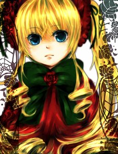 Rating: Safe Score: 0 Tags: 1girl blonde_hair blue_eyes bow bowtie dress drill_hair flower green_bow image long_hair looking_at_viewer rose shinku simple_background solo twintails upper_body white_background User: admin