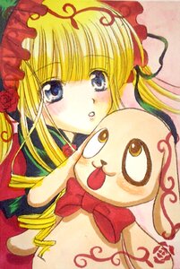 Rating: Safe Score: 0 Tags: 1girl blonde_hair blue_eyes blush blush_stickers bow bowtie flower image long_hair looking_at_viewer red_flower rose shinku solo traditional_media User: admin