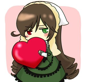 Rating: Safe Score: 0 Tags: 1girl blush brown_hair chibi covering_mouth dress frills green_dress green_eyes head_scarf heart holding image long_hair red_eyes solo striped striped_background suiseiseki valentine very_long_hair User: admin
