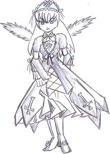 Rating: Safe Score: 0 Tags: 1girl dress frills full_body hairband image long_hair long_sleeves looking_at_viewer monochrome ribbon simple_background sketch solo standing suigintou white_background wings User: admin