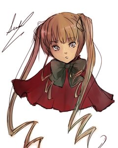 Rating: Safe Score: 0 Tags: 1girl auto_tagged bangs black_bow bow bowtie brown_hair capelet closed_mouth hair_ribbon image long_hair looking_at_viewer red_capelet red_dress ribbon shinku signature simple_background solo twintails upper_body white_background User: admin