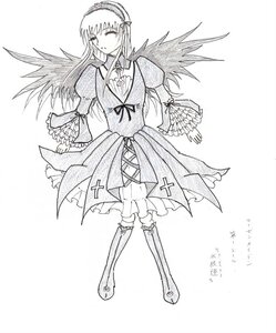 Rating: Safe Score: 0 Tags: 1girl boots closed_eyes dress frills full_body greyscale hairband image knee_boots long_hair long_sleeves monochrome simple_background solo standing suigintou white_background wings User: admin