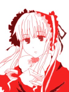 Rating: Safe Score: 0 Tags: 1girl bow bowtie image long_hair long_sleeves looking_at_viewer monochrome red_theme shinku simple_background solo striped upper_body white_background User: admin