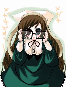 Rating: Safe Score: 0 Tags: 1girl :d animal_ears brown_hair dress frills glasses green_dress image long_hair long_sleeves looking_at_viewer open_mouth smile solo suiseiseki very_long_hair User: admin