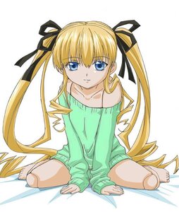 Rating: Safe Score: 0 Tags: 1girl artist_request bangs bare_shoulders barefoot bed_sheet black_ribbon blonde_hair blue_eyes collarbone doll_joints drill_hair full_body hair_ribbon image joints jpeg_artifacts long_hair long_sleeves looking_at_viewer no_pants off_shoulder parted_lips ribbon rozen_maiden shinku sidelocks sitting sleeves_past_wrists solo sweater twin_drills twintails very_long_hair wariza User: admin
