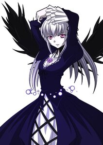 Rating: Safe Score: 0 Tags: 1girl arms_up black_wings breasts cleavage dress flower image long_hair long_sleeves pale_skin pink_eyes solo suigintou wings User: admin
