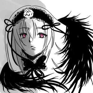 Rating: Safe Score: 0 Tags: 1girl black_wings greyscale hairband image looking_at_viewer monochrome ribbon simple_background solo suigintou wings User: admin