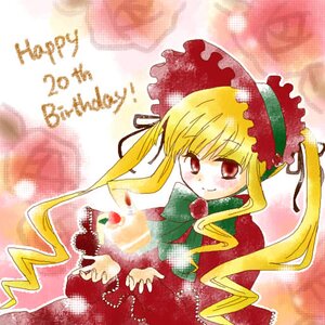 Rating: Safe Score: 0 Tags: 1girl blonde_hair blush bonnet bow bowtie dress food green_bow image long_hair long_sleeves looking_at_viewer red_eyes shinku smile solo twintails very_long_hair User: admin