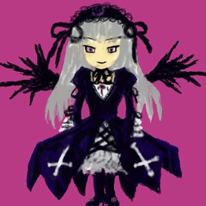 Rating: Safe Score: 0 Tags: 1girl black_wings detached_collar dress frills hairband image long_hair long_sleeves looking_at_viewer pink_background rose simple_background solo suigintou wings User: admin