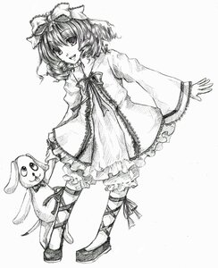 Rating: Safe Score: 0 Tags: 1girl bow cross-laced_footwear dress frills greyscale hair_ribbon hina_ichigo hinaichigo image kagiyama_hina leg_ribbon long_sleeves looking_at_viewer monochrome open_mouth ribbon short_hair smile solo stuffed_animal traditional_media User: admin