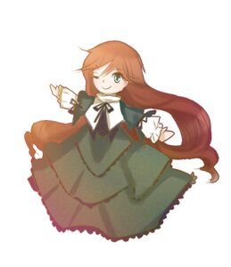 Rating: Safe Score: 0 Tags: 1girl brown_hair dress frills green_dress green_eyes image long_hair long_sleeves looking_at_viewer one_eye_closed ribbon simple_background smile solo suiseiseki very_long_hair white_background User: admin