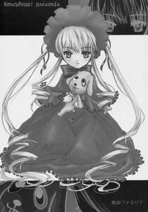 Rating: Safe Score: 0 Tags: 1girl bonnet dress drill_hair greyscale hat long_hair long_sleeves looking_at_viewer monochrome shinku solo standing stuffed_animal twin_drills twintails very_long_hair User: admin