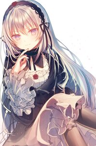 Rating: Safe Score: 0 Tags: 1girl bangs black_dress black_feathers black_legwear black_ribbon blush closed_mouth crossed_legs dress eyebrows_visible_through_hair frills gothic_lolita hairband head_tilt highres holding image io_enishi lolita_fashion lolita_hairband long_hair long_sleeves looking_at_viewer pink_eyes purple_eyes ribbon rozen_maiden silver_hair simple_background smile solo suigintou very_long_hair white_background User: admin