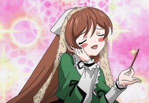 Rating: Safe Score: 0 Tags: 1girl bangs blush_stickers brown_hair closed_eyes dress frills green_dress image long_sleeves open_mouth smile solo suiseiseki User: admin