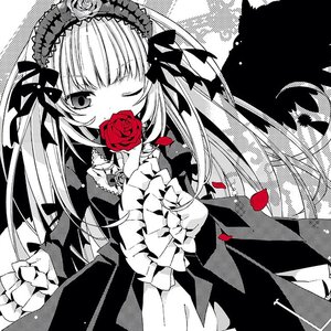 Rating: Safe Score: 0 Tags: 1girl auto_tagged dress flower frills gothic_lolita greyscale hairband holding_flower image lolita_fashion lolita_hairband long_hair long_sleeves monochrome one_eye_closed red_flower rose solo suigintou wings User: admin