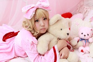 Rating: Safe Score: 0 Tags: 1girl blonde_hair blue_eyes bow hair_bow hinaichigo lips lying pink_bow realistic ribbon solo stuffed_animal stuffed_bunny teddy_bear User: admin