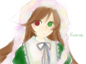 Rating: Safe Score: 0 Tags: 1girl bangs brown_hair dress frills green_dress green_eyes head_scarf heterochromia image long_hair long_sleeves looking_at_viewer red_eyes simple_background solo suiseiseki white_background User: admin