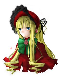 Rating: Safe Score: 0 Tags: 1girl bangs blonde_hair blue_eyes bonnet bow bowtie drill_hair flower green_bow image long_hair long_sleeves looking_at_viewer pink_rose rose shinku sidelocks simple_background solo upper_body white_background User: admin