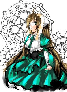 Rating: Safe Score: 0 Tags: 1girl bangs brown_hair dress frills green_dress green_eyes image lolita_fashion long_hair long_sleeves looking_at_viewer skirt_hold solo suiseiseki very_long_hair User: admin