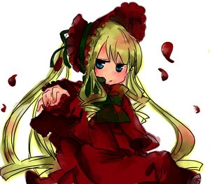 Rating: Safe Score: 0 Tags: 1girl blonde_hair blue_eyes blush bonnet bow bowtie dress flower frills image long_hair long_sleeves looking_at_viewer petals red_dress red_rose rose rose_petals shinku simple_background solo upper_body white_background User: admin