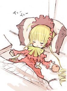 Rating: Safe Score: 0 Tags: 1girl blonde_hair blush bonnet closed_eyes dress food frills image long_hair long_sleeves pink_bow shinku sleeping solo User: admin