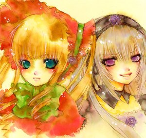 Rating: Safe Score: 0 Tags: 2girls bangs blonde_hair blue_eyes bonnet bow flower hairband image long_hair looking_at_viewer multiple_girls pair rose shinku simple_background suigintou User: admin