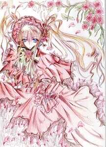 Rating: Safe Score: 0 Tags: 1girl blonde_hair blue_eyes bonnet bow dress flower frills image long_hair looking_at_viewer marker_(medium) petals pink_flower pink_rose red_flower red_rose rose rose_petals shinku solo traditional_media twintails User: admin