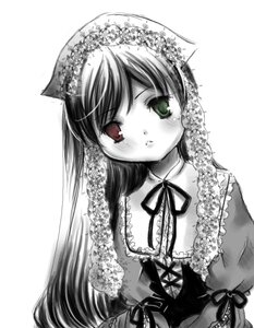 Rating: Safe Score: 0 Tags: 1girl animal_ears blush dress frills green_eyes greyscale heterochromia image lace long_hair long_sleeves looking_at_viewer monochrome neck_ribbon red_eyes ribbon simple_background solo suiseiseki upper_body white_background User: admin