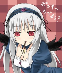 Rating: Safe Score: 0 Tags: 1girl blush breasts checkered checkered_background checkered_floor chocolate cleavage commentary_request dress food hairband image long_hair looking_at_viewer mouth_hold pocky poipoi_purin purple_eyes red_eyes rozen_maiden silver_hair solo suigintou translated wings User: admin