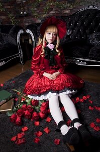 Rating: Safe Score: 0 Tags: 1girl blonde_hair bonnet bow chain doll_joints dress flower joints lolita_fashion long_hair pantyhose petals red_dress rose shinku sitting solo white_legwear User: admin