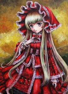 Rating: Safe Score: 0 Tags: 1girl blonde_hair bonnet bow dress frills hand_on_own_chest image layered_dress lolita_fashion long_hair long_sleeves looking_at_viewer marker_(medium) red_dress red_eyes ribbon shinku solo traditional_media very_long_hair User: admin