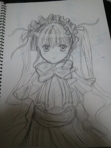 Rating: Safe Score: 0 Tags: 1girl capelet dress hairband image long_hair long_sleeves looking_at_viewer monochrome shinku sketch solo traditional_media twintails very_long_hair User: admin