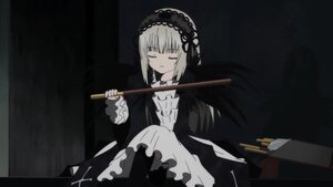 Rating: Safe Score: 0 Tags: 1girl bangs black_background black_dress black_hairband closed_eyes closed_mouth dress frills hairband holding image knees_up long_sleeves silver_hair sitting solo suigintou User: admin