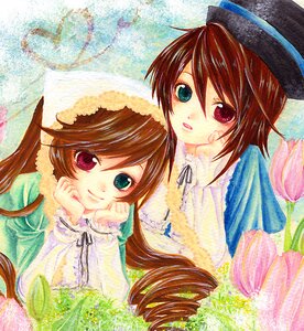 Rating: Safe Score: 0 Tags: 2girls brown_hair dress flower green_dress hat head_scarf heterochromia image long_hair long_sleeves looking_at_viewer multiple_girls pair red_eyes short_hair siblings sisters smile souseiseki suiseiseki top_hat traditional_media twins watercolor_(medium) User: admin