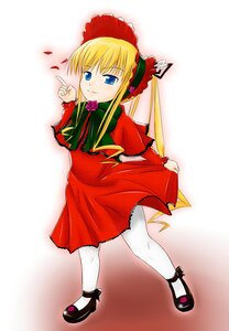 Rating: Safe Score: 0 Tags: 1girl black_footwear blonde_hair blue_eyes bonnet bow bowtie capelet dress flower full_body green_bow image index_finger_raised long_hair long_sleeves looking_at_viewer mary_janes pantyhose red_dress rose shinku shoes smile solo standing twintails white_legwear User: admin