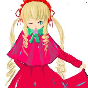 Rating: Safe Score: 0 Tags: 1girl ;) blonde_hair blue_eyes bonnet bow bowtie cowboy_shot dress green_bow image long_hair long_sleeves looking_at_viewer one_eye_closed red_dress rose shinku simple_background solo standing twintails white_background User: admin
