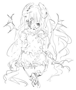 Rating: Safe Score: 0 Tags: 1girl bangs bloomers dress greyscale horns image kirakishou long_hair long_sleeves monochrome sketch solo striped underwear very_long_hair white_background wings User: admin