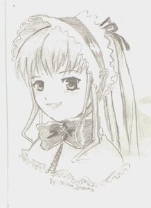 Rating: Safe Score: 0 Tags: 1girl bow grin hairband image long_hair looking_at_viewer monochrome shinku simple_background smile solo traditional_media User: admin