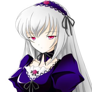 Rating: Safe Score: 0 Tags: 1girl collarbone dress flower hairband image long_hair long_sleeves looking_at_viewer pink_eyes puffy_sleeves purple_rose ribbon rose silver_hair simple_background solo suigintou upper_body white_background User: admin