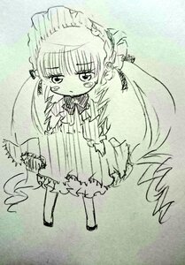 Rating: Safe Score: 0 Tags: 1girl dress full_body image long_hair long_sleeves monochrome shinku sketch solo standing tears very_long_hair User: admin