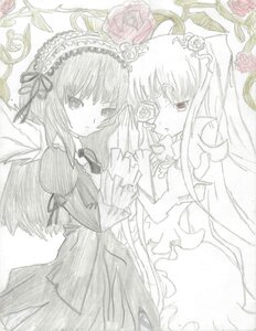 Rating: Safe Score: 0 Tags: 2girls dress eyepatch flower frills greyscale hairband image kirakishou long_hair monochrome multiple_girls pair ribbon rose suigintou wings User: admin