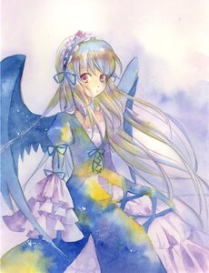 Rating: Safe Score: 0 Tags: 1girl dress flower frills hairband image long_hair long_sleeves ribbon solo suigintou traditional_media very_long_hair watercolor_(medium) wings User: admin