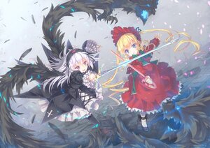 Rating: Safe Score: 0 Tags: 2girls battle black_footwear black_wings blonde_hair blue_eyes bonnet commentary_request dress duel feathers flower flying frills hairband holding holding_sword image large_wings lolita_fashion long_hair long_sleeves maid_headdress multiple_girls north_abyssor open_mouth pair petals photoshop_(medium) purple_hair red_dress rose rozen_maiden shinku silver_hair suigintou sword twintails weapon wings User: admin